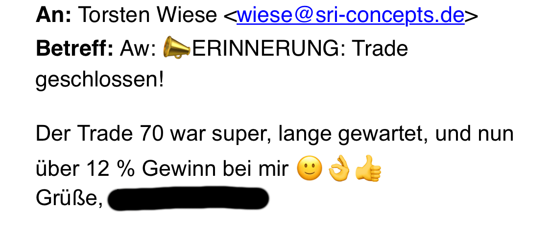 Email-Testimonial von Torsten Wiese über Trade 70 mit 12% Gewinn
