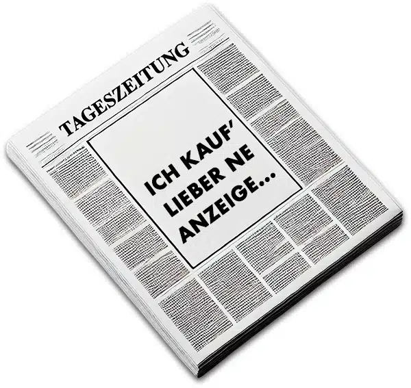 Presse Rockstars – PR-Coaching für Medienpräsenz von Marike Frick 1 Tageszeitung Mockup mit Schlagzeile Ich kauf lieber ne Anzeige