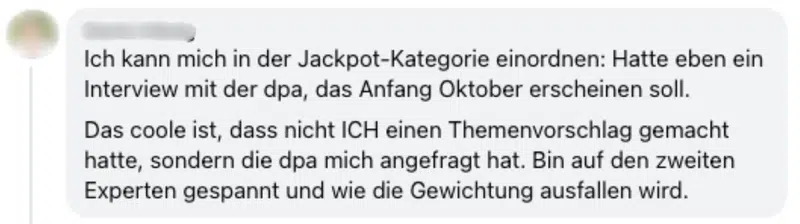 Presse Rockstars – PR-Coaching für Medienpräsenz von Marike Frick 3 Screenshot eines LinkedIn-Posts über ein DPA-Interview zum Thema Gelassenheit