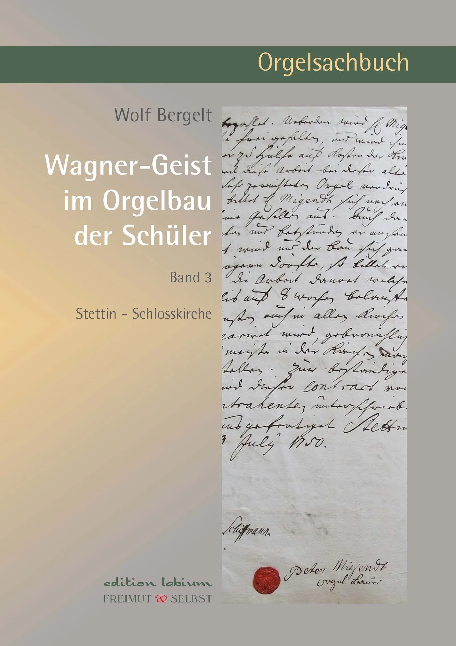 Orgelsachbuch-Cover Band 3 mit handschriftlichem Brief über Schlosskirche Stettin