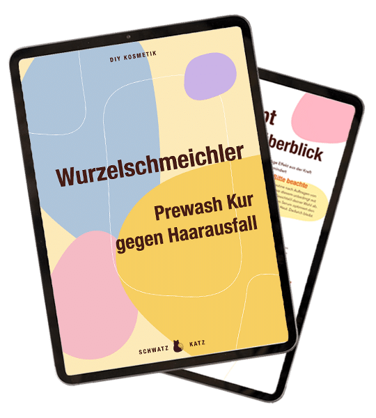 Tablet-Mockup der Prewash Kur Wurzelschmeichler gegen Haarausfall von Schwatz Katz