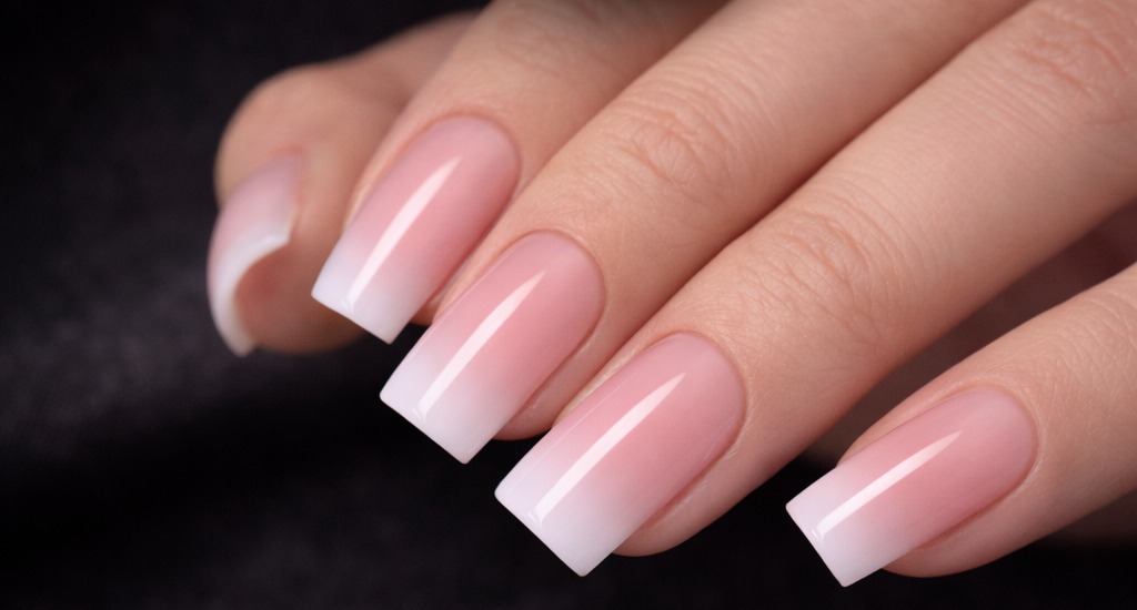 Square Ombré Russian Manicure mit rosa-weißem Farbverlauf und hochglanzpoliertem Finish