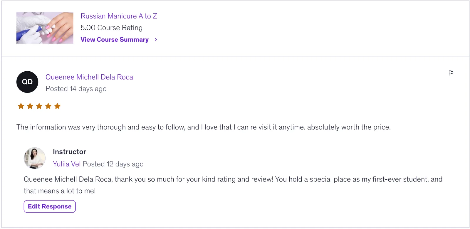 Studentenbewertung von Queenee Michell Dela Roca für Russian Manicure A to Z Kurs