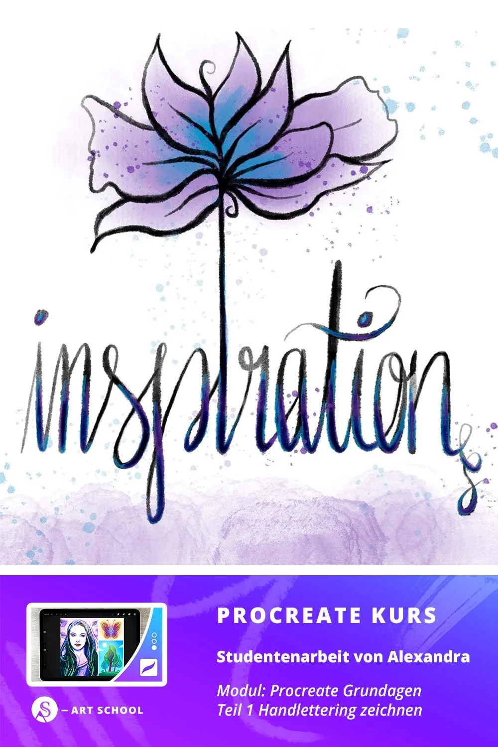 Studentenarbeit: Lotus-Blüte mit Aquarelleffekt und 'Inspiration' Schriftzug in Blau-Lila