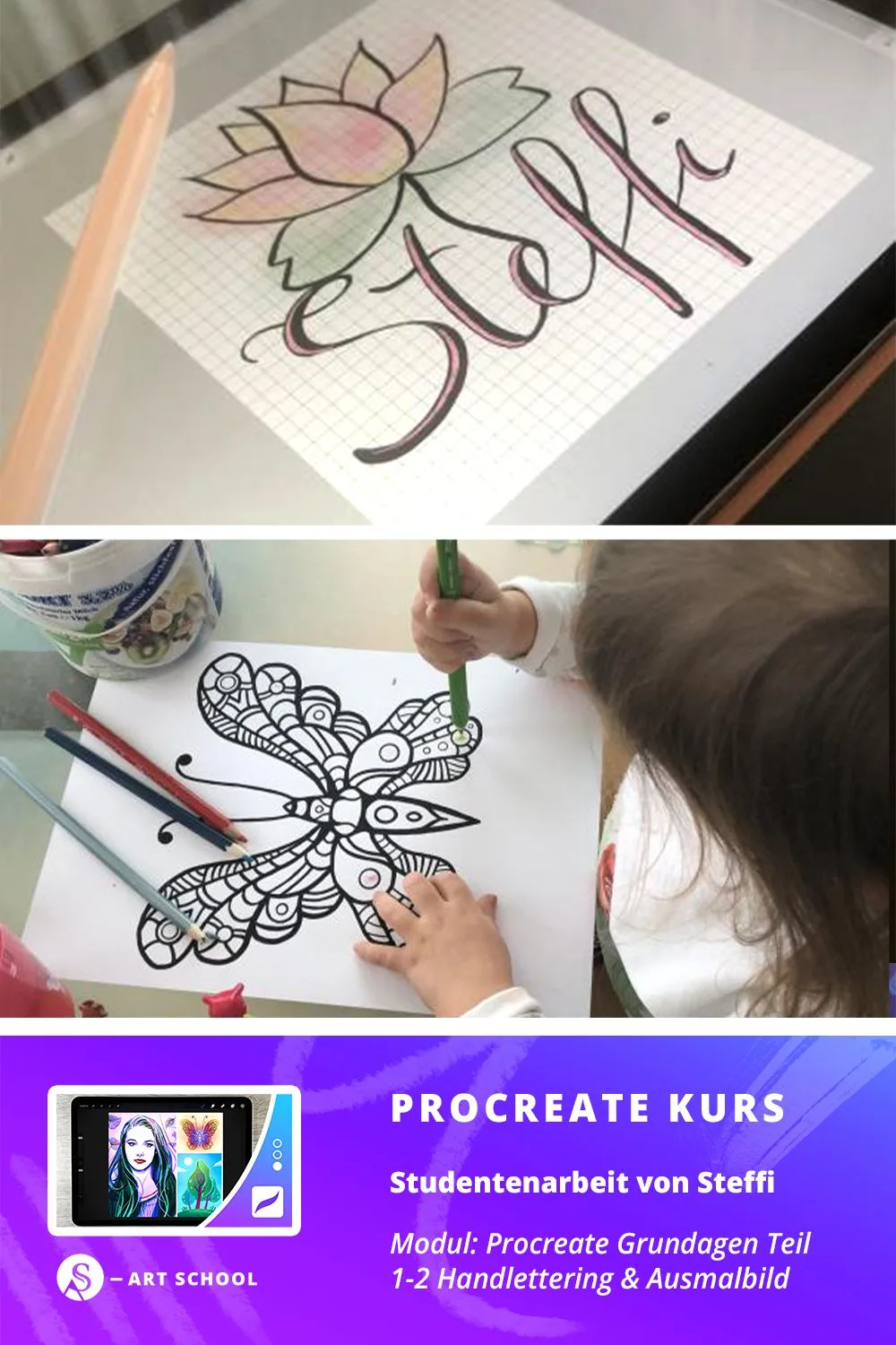Zwei Prozessfotos: gezeichnete Blume mit Handlettering und Mandala-Muster mit Farbstift-Kolorierung