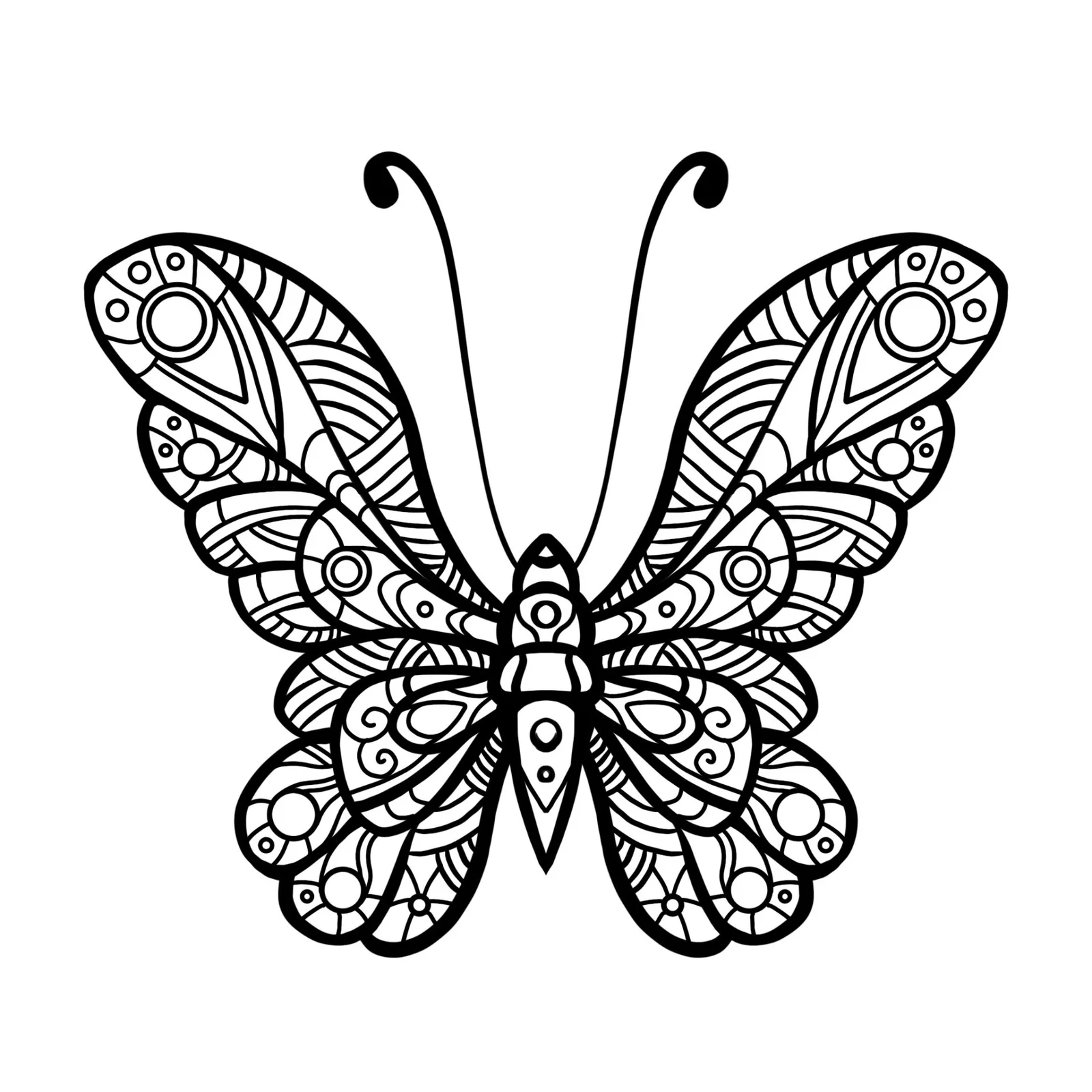 Schwarz-weiß Mandala-Schmetterling mit komplexen symmetrischen Ornamenten zum Ausmalen
