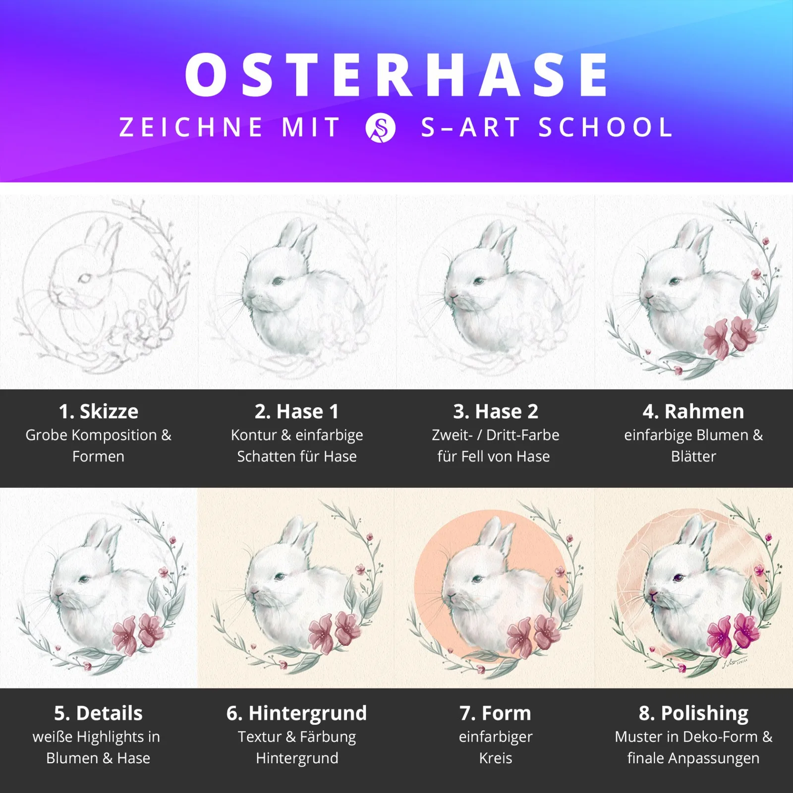 8-schrittiger Prozess zum Zeichnen einer Osterhase mit Blumen in Procreate, von Skizze bis Polishing