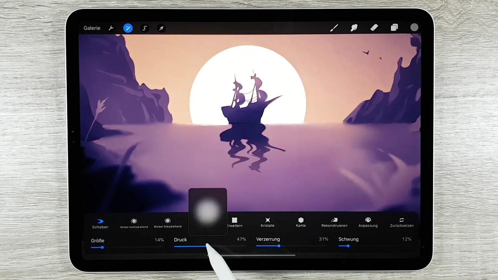 iPad-Screenshot: Procreate-Kunstwerk eines Piraten-Segelschiffs vor Mond mit Effekt-Panels