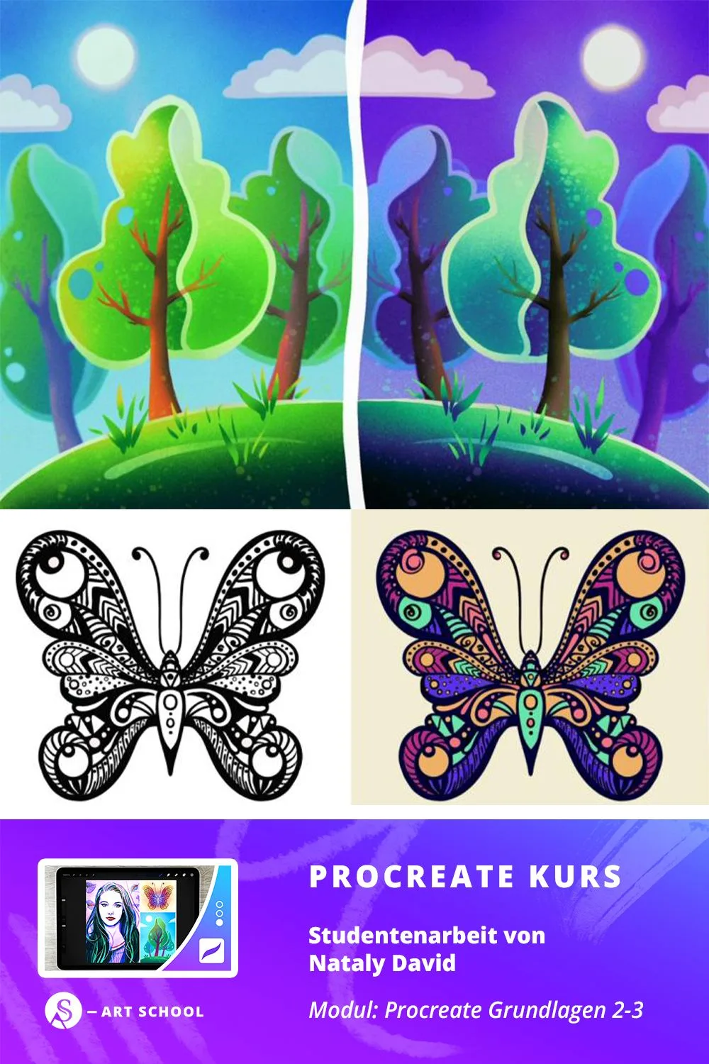 Studentenarbeit mit Landschaft-Illustration, Schmetterling Line Art und kolorierter Version