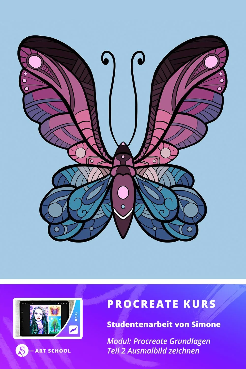 Studentenarbeit: Schmetterling mit rosa und blauen Flügeln auf hellblauem Hintergrund