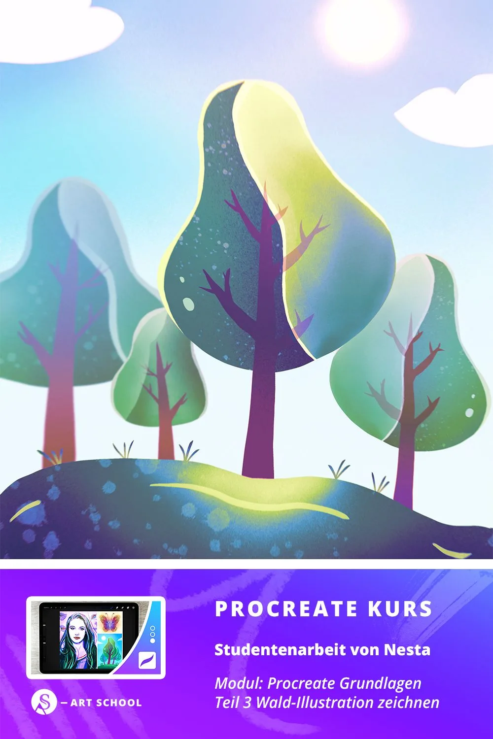 Studentenarbeit: Waldillustration mit bunten Bäumen in Pastelltönen unter Sonne