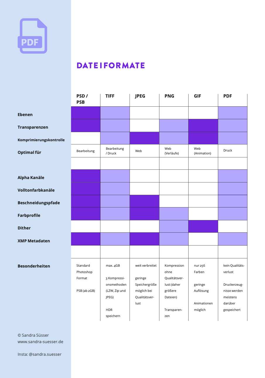 Infografik-Tabelle zu Dateiformaten PSD, TIFF, JPEG, PNG, GIF, PDF mit Eigenschaften