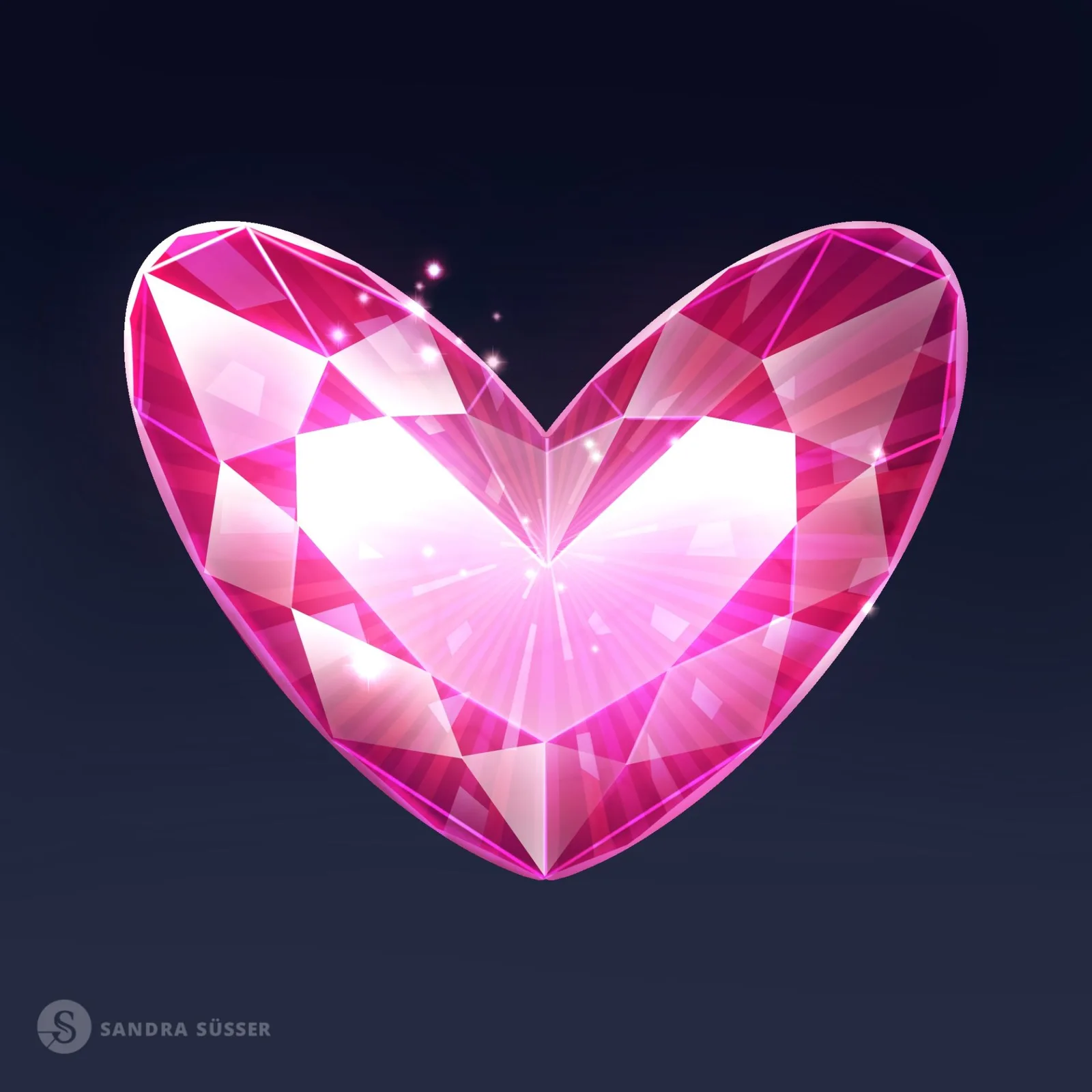 Glänzendes 3D-Herz in Magenta und Rosa mit facettenreichem Design auf dunklem Hintergrund