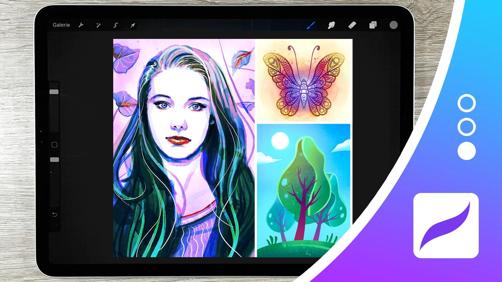 iPad mit Procreate-Galerie zeigt digitale Kunstwerke: Porträt, Schmetterlinge, Baum und Landschaft