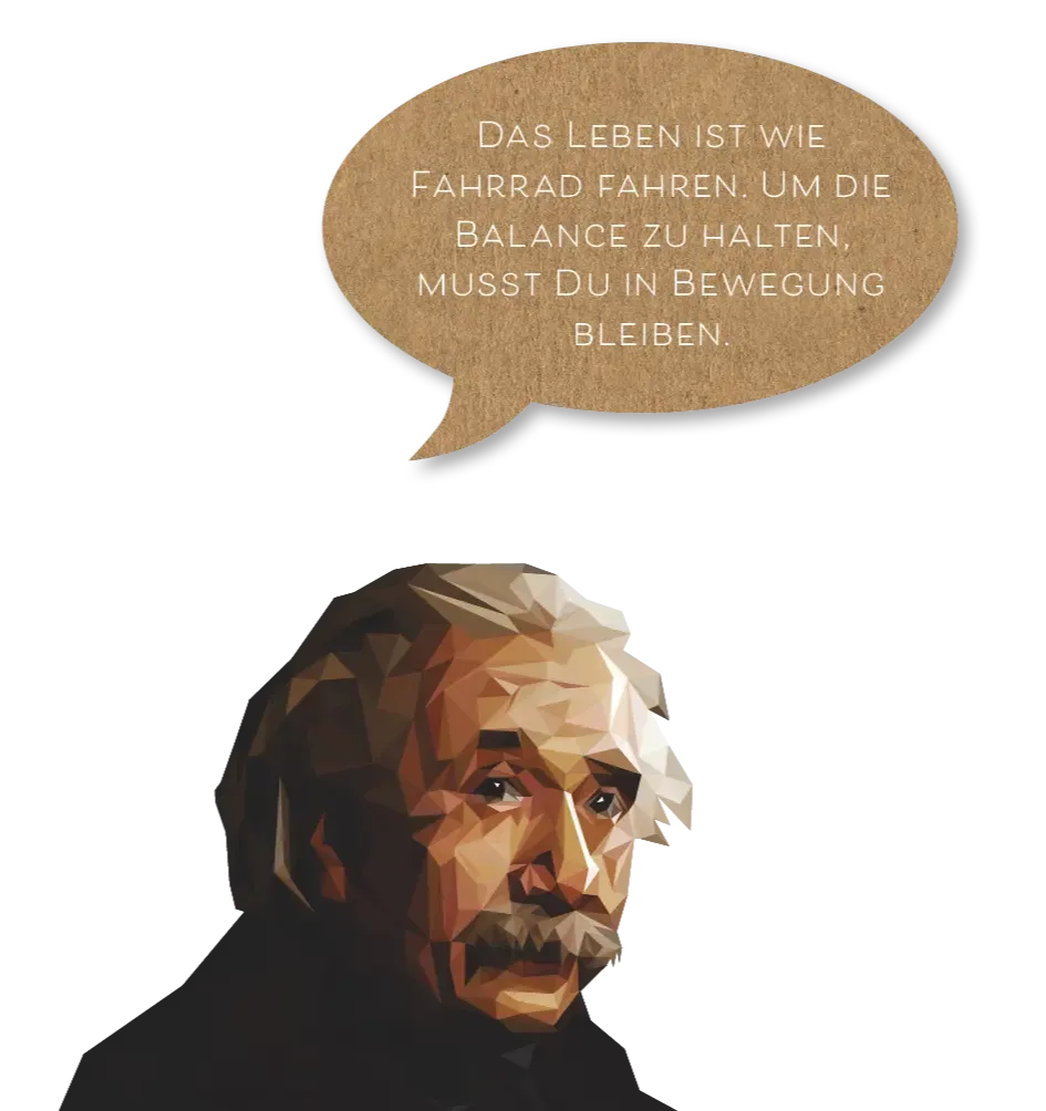 Leonardo da Vinci mit Sprechblase – Zitat über Balance und Bewegung