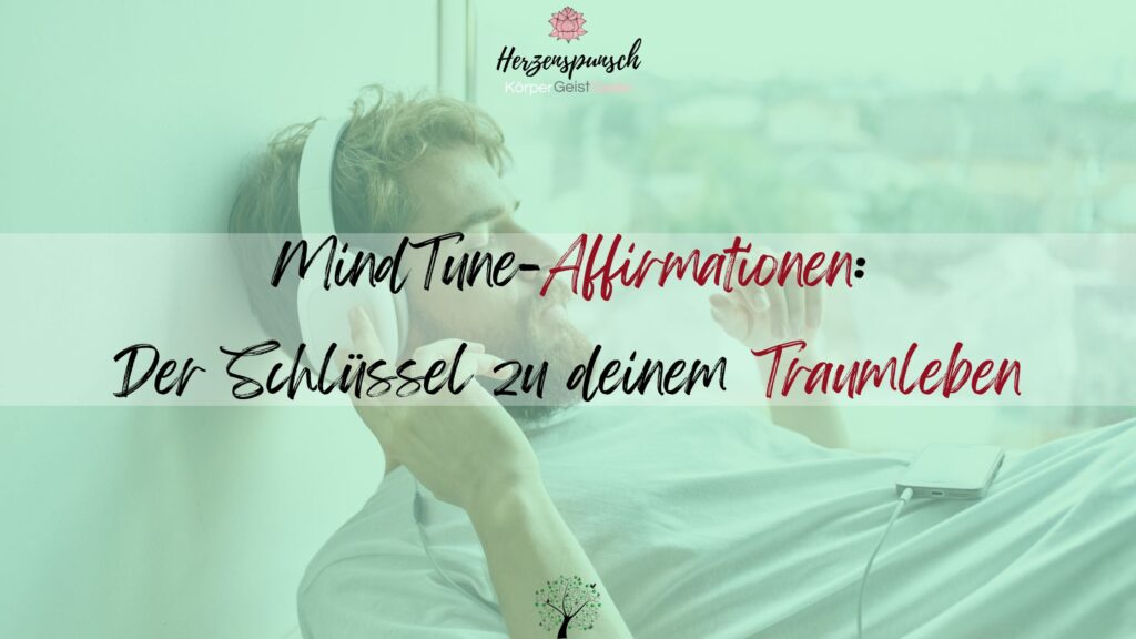 Rechteckiges Banner mit Mann mit Kopfhörern über MindTune-Affirmationen