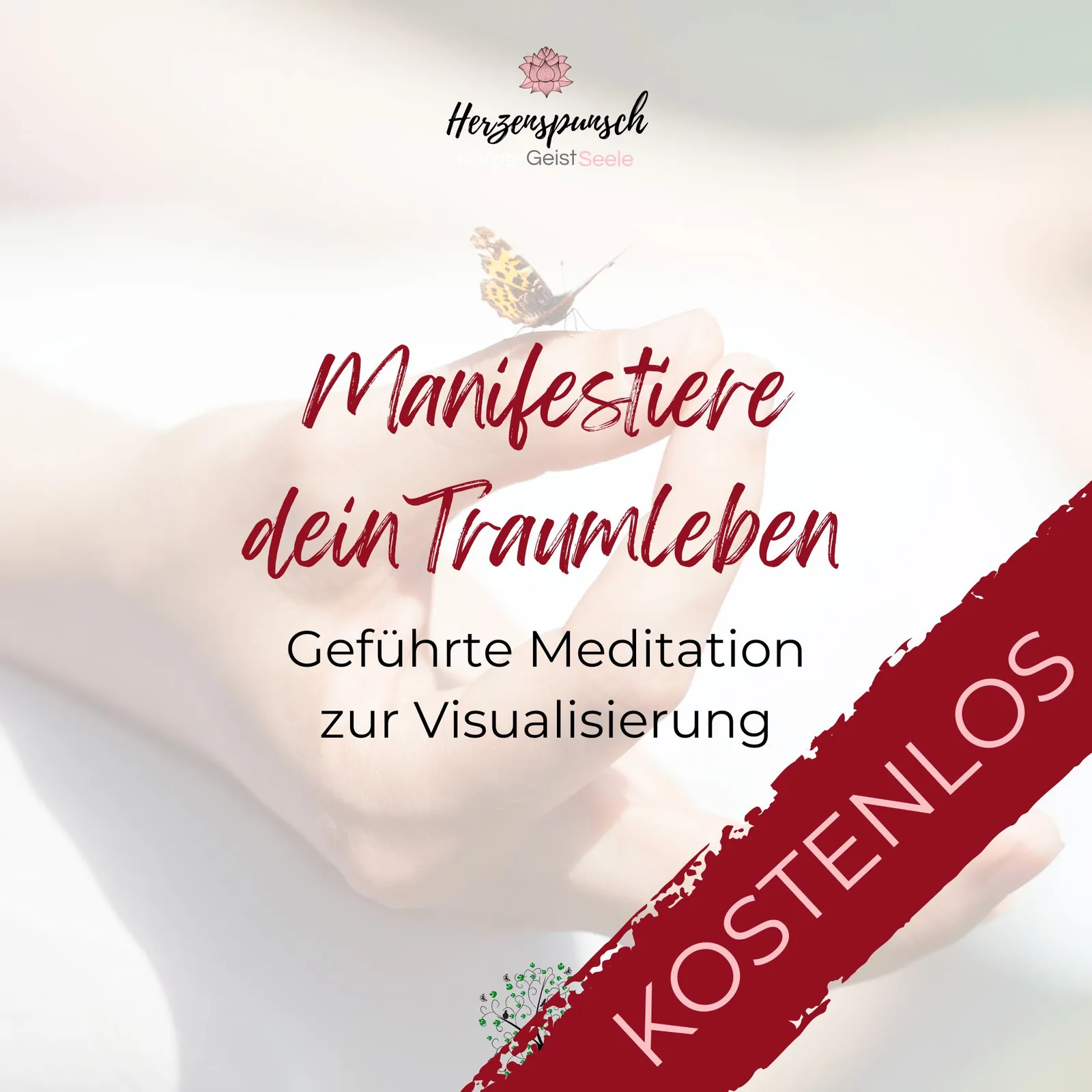 Quadratisches Produkt-Cover mit Schmetterling und Text zu geführter Meditation