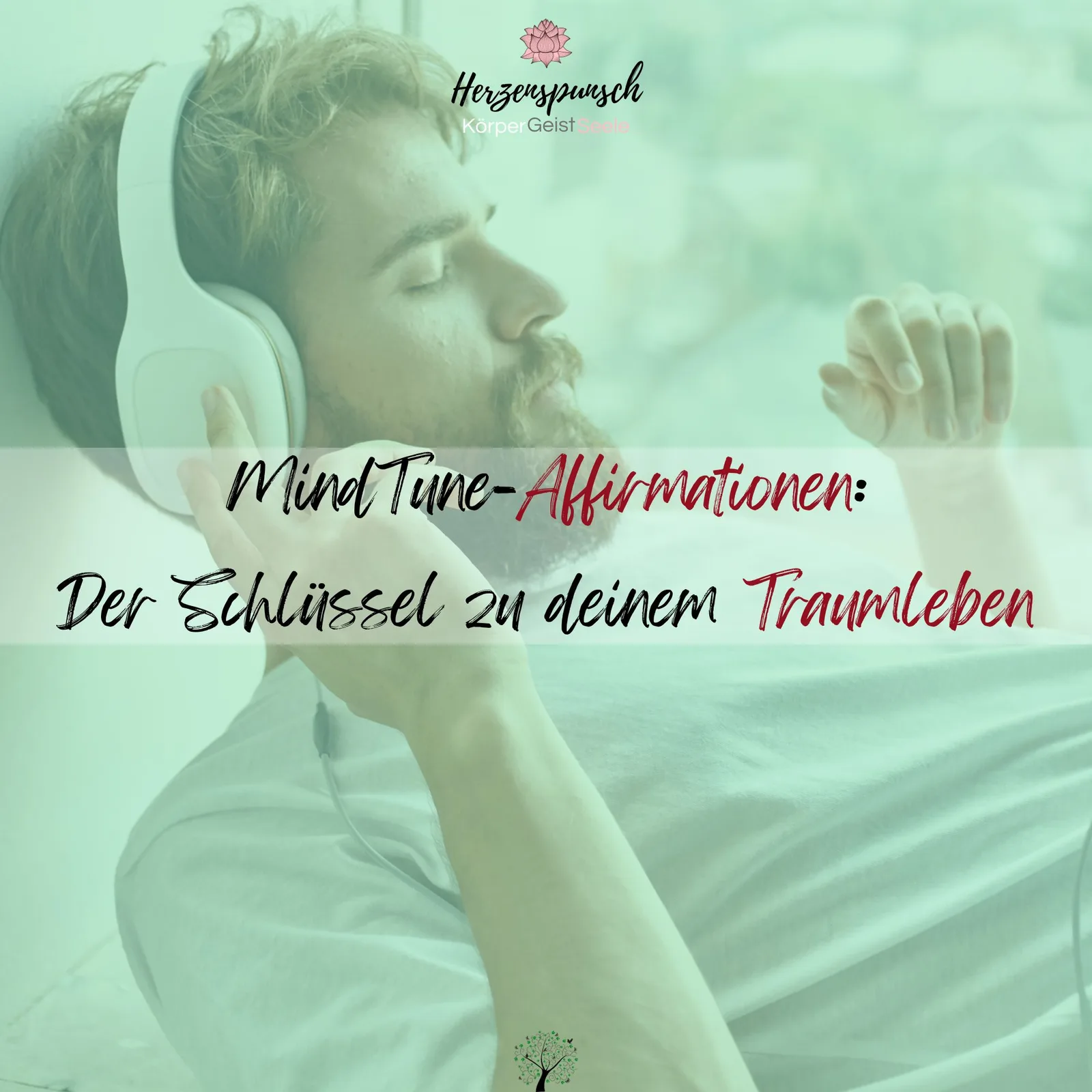 Quadratisches Cover MindTune-Affirmationen mit Mann mit Kopfhörern in grünem Farbton