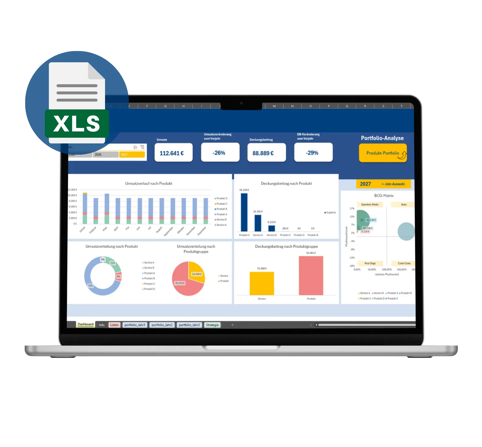 XLS-Datei-Symbol mit Portfolio-Analyse-Dashboard auf Laptop-Bildschirm