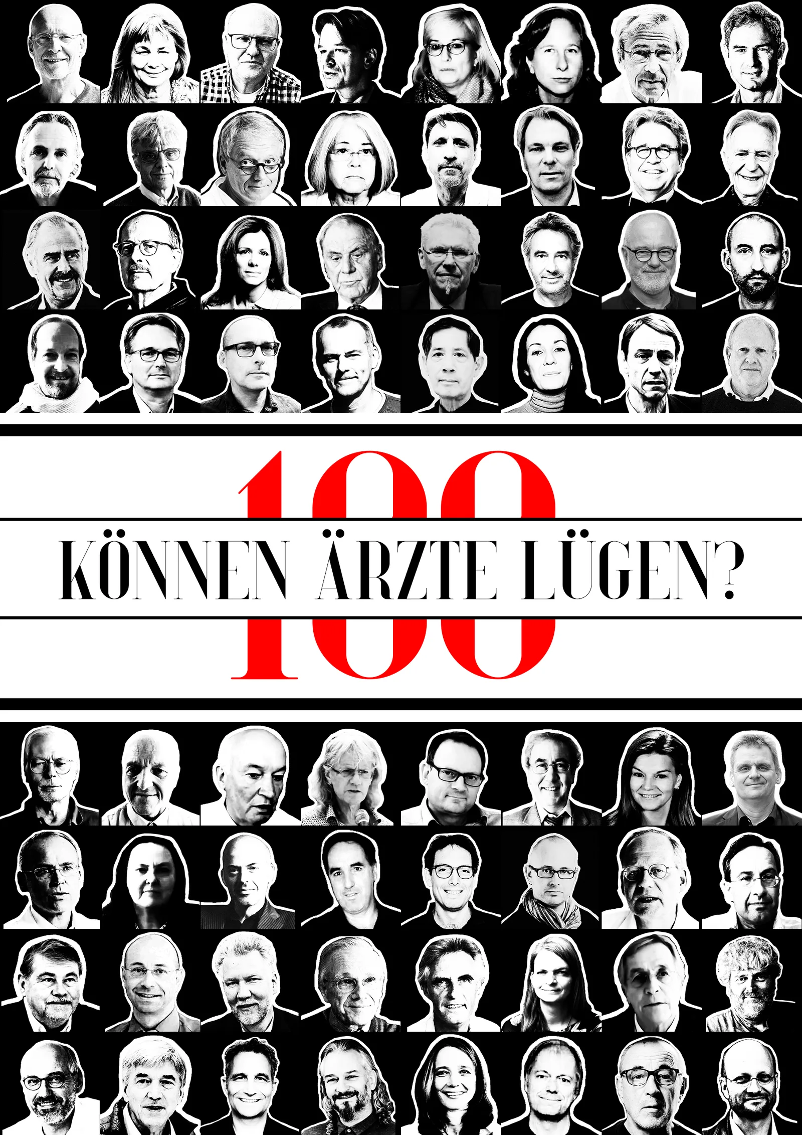 Filmplakat 100 Ärzte Lügen mit Porträts von 32 Personen in Schwarz-Weiß