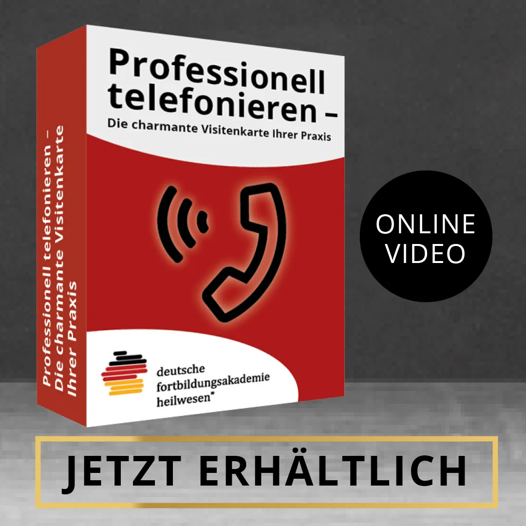 Produktbox Professionell telefonieren vor grauem Hintergrund mit schwarzem Online-Video Badge und gelbem Verfügbarkeitsbanner
