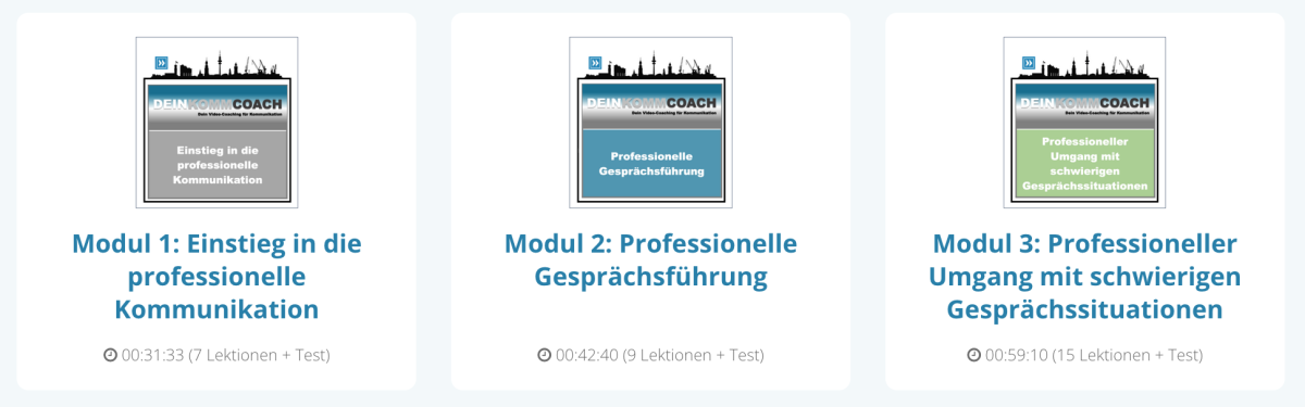 Gallery-Ansicht mit drei Modulkarten des Videokurses DEIN Komm COACH zur professionellen Kundenkommunikation