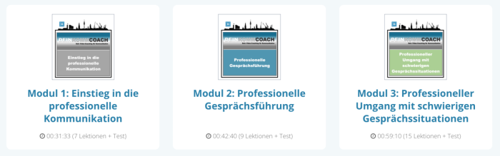 Kompakte Gallery-Darstellung der drei Kurs-Module mit Zeitangaben und Lektionszahl