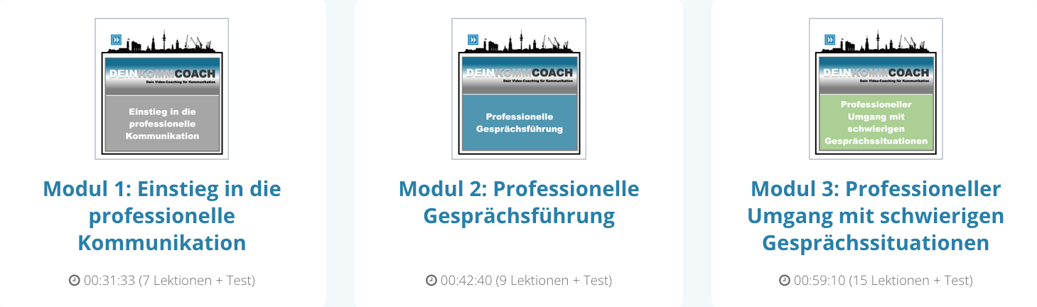 Hero-Bereich mit drei großen Modulkarten des DEIN Komm COACH Videokurses zur Kundenkommunikation