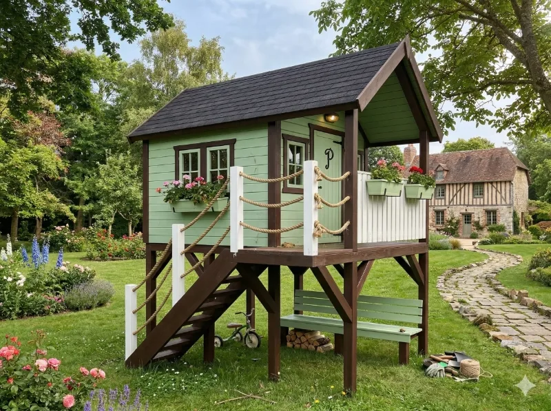 Grünes Spielhaus auf Stelzen mit weißem Dach und Veranda