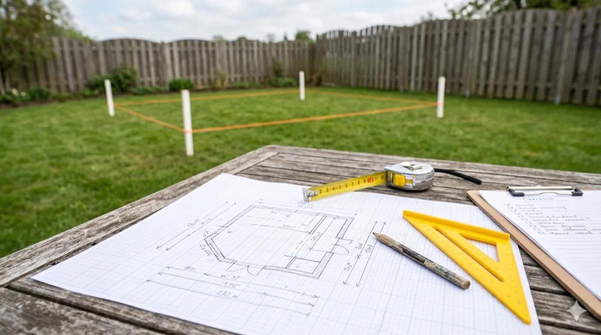Baupläne mit Messwerkzeugen auf Tisch, abgesteckte Fläche im Garten