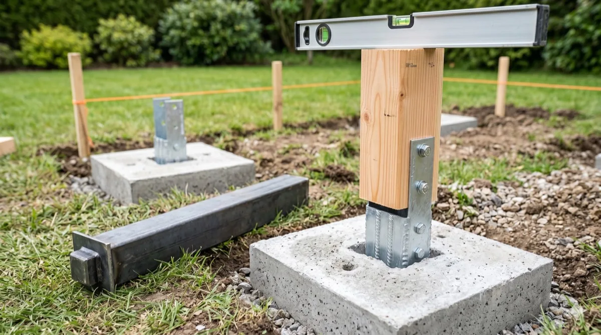 Betonblöcke mit Einschlaghülsen, Pfosten und Wasserwaage beim Fundamentbau