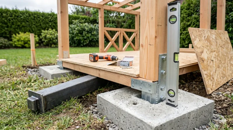Holzrahmenkonstruktion mit Pfosten und Wasserwaage beim Spielhaus-Bau