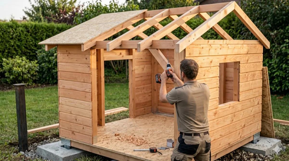 Mann montiert Holzdach an Spielhaus-Rohbau im Garten