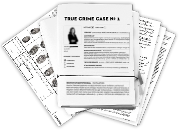 Produktabbildung: Ausgedruckte Kursmodule mit Titel 'True Crime Case No 1'