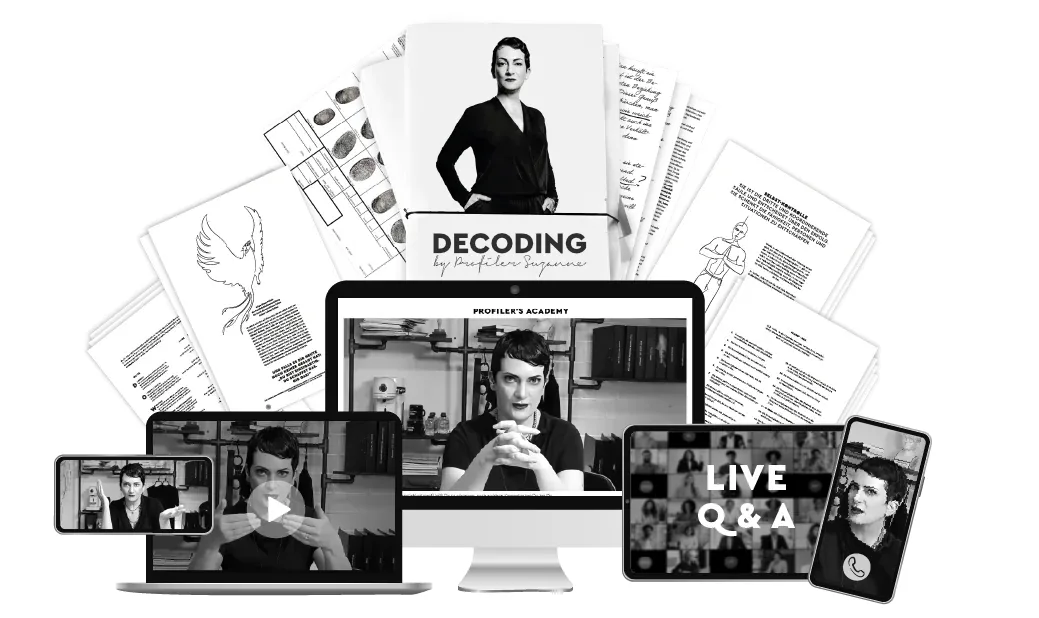 Mockup: Desktop, Laptop und Smartphone zeigen Kurs 'Decoding by Profiler Suzanne'