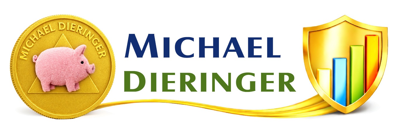 Bannerheader mit Michael Dieringers Namen, goldenem Münz-Logo mit Sparschwein und Finanz-Shield