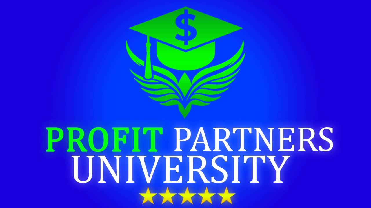 Profit Partners University Logo mit Flügel-Symbol, Graduation Cap und Dollarzeichen auf blauem Hintergrund, fünf goldene Ster