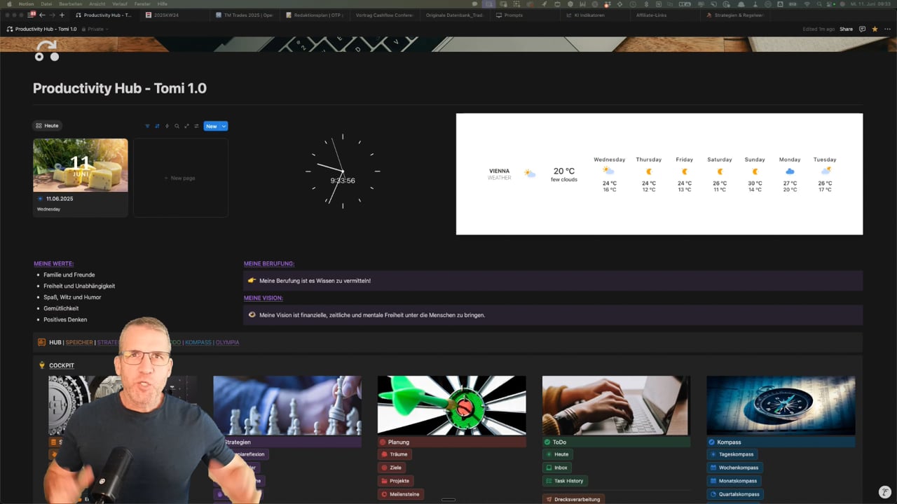 ProHub – Notion-Planer mit Kurs von Thomas Mangold 4 ProHub Dashboard Screenshot mit Uhr, Wetter-Widget, Werte, Berufung, Vision und Cockpit-Navigation