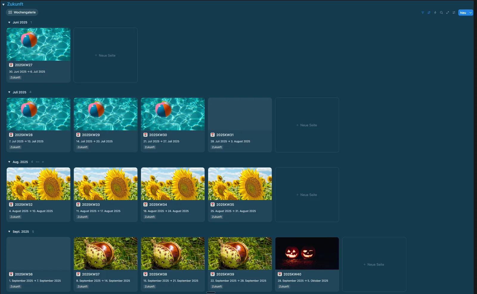 ProHub – Notion-Planer mit Kurs von Thomas Mangold 6 ProHub Planung Screenshot mit Wochengalerie und Wochen-Übersicht für Juni bis September 2025