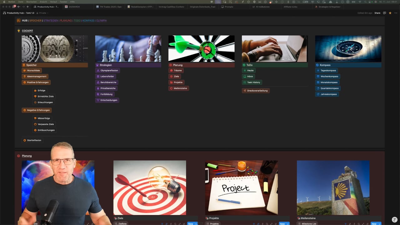 ProHub – Notion-Planer mit Kurs von Thomas Mangold 12 ProHub Cockpit Screenshot mit Speicher-Kategorien und Planung-Abschnitt mit Bildern für Strategien und Ziele