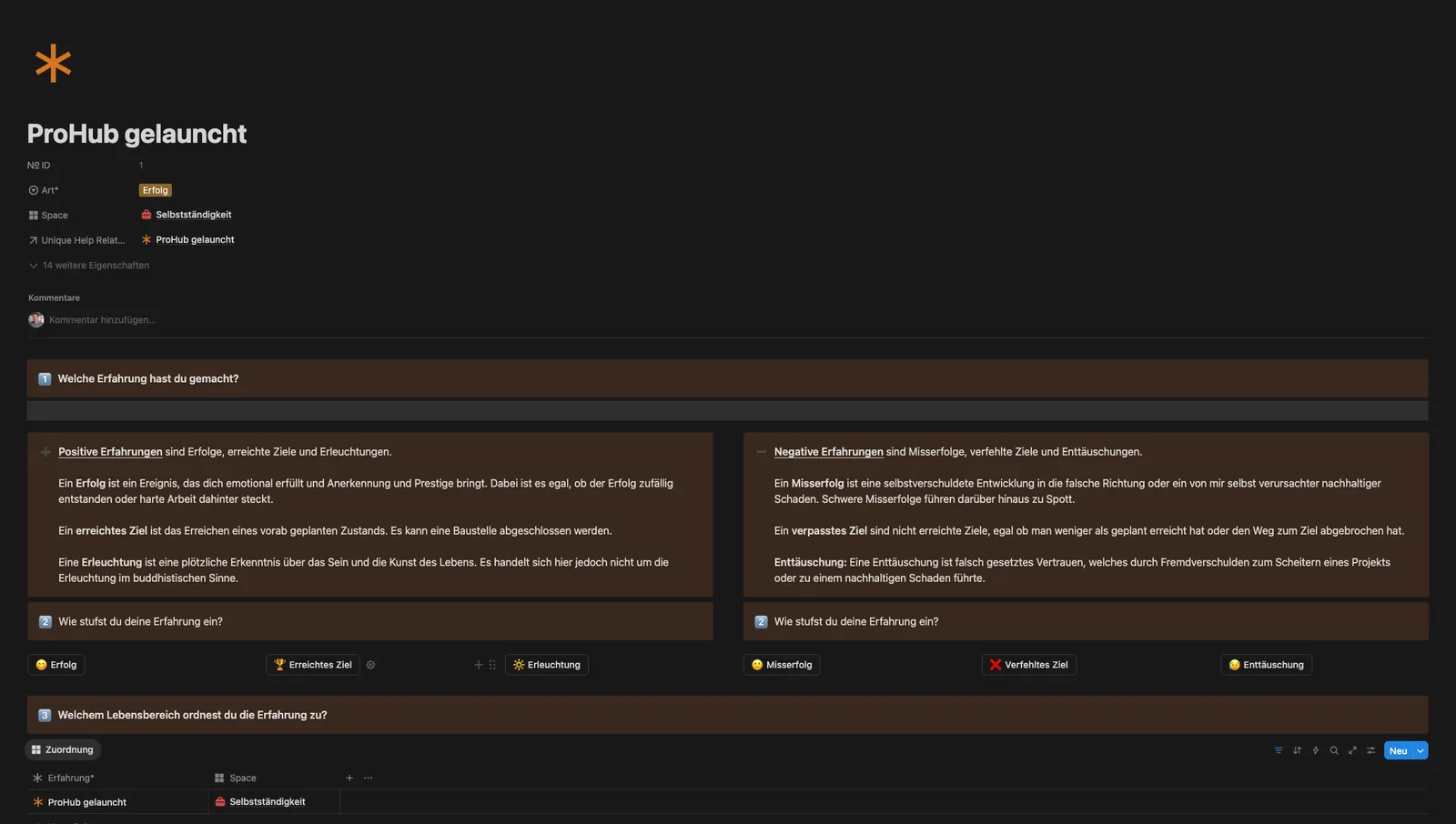 ProHub – Notion-Planer mit Kurs von Thomas Mangold 10 ProHub Erfolgsjournal Screenshot mit Erfolgs- und Misserfolgs-Analyse, Lebensbereich-Zuordnung und Reflexionsfragen