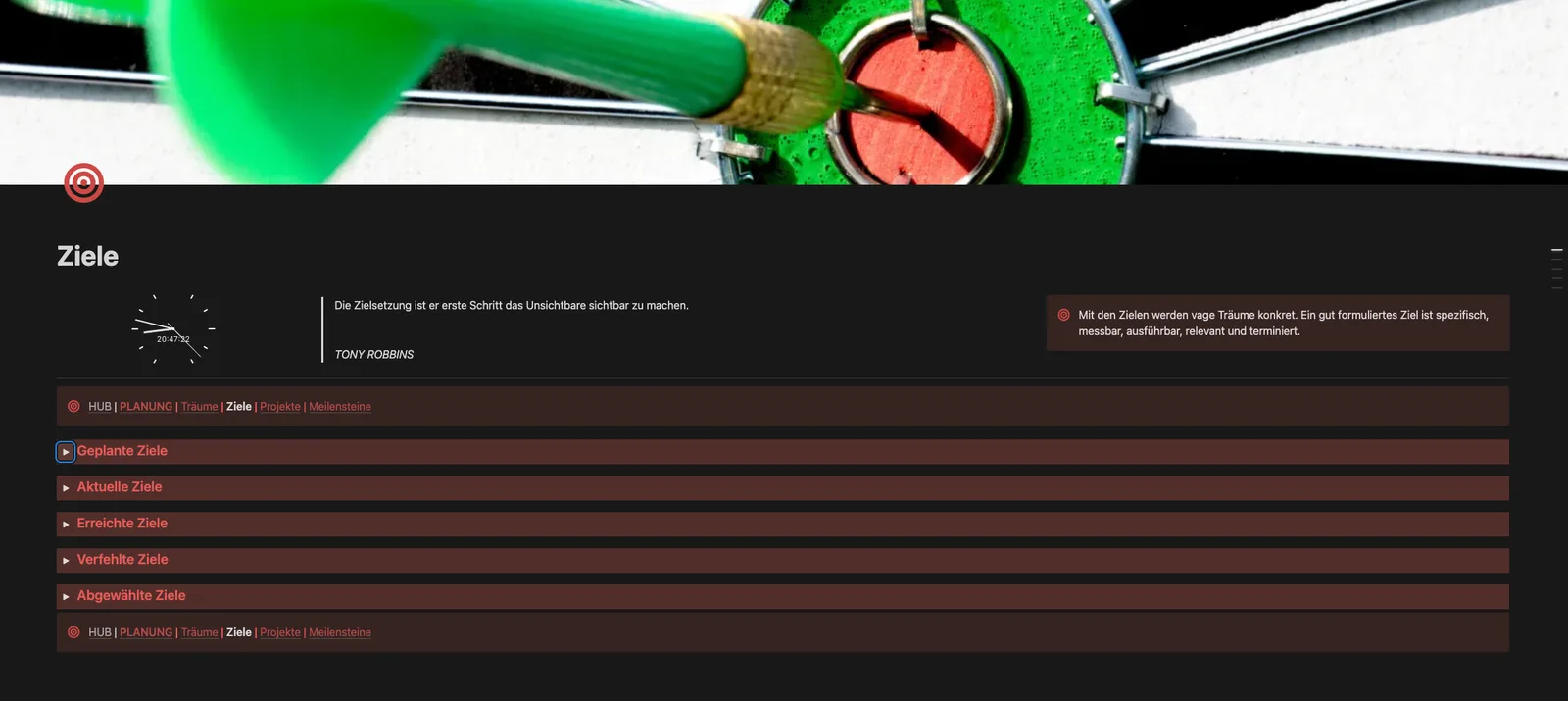 ProHub – Notion-Planer mit Kurs von Thomas Mangold 5 Webseiten-Screenshot mit Abschnitt Ziele, grünes Werkzeug-Icon oben, Tony Robbins Zitat, Menü mit Kategorien für Ziele