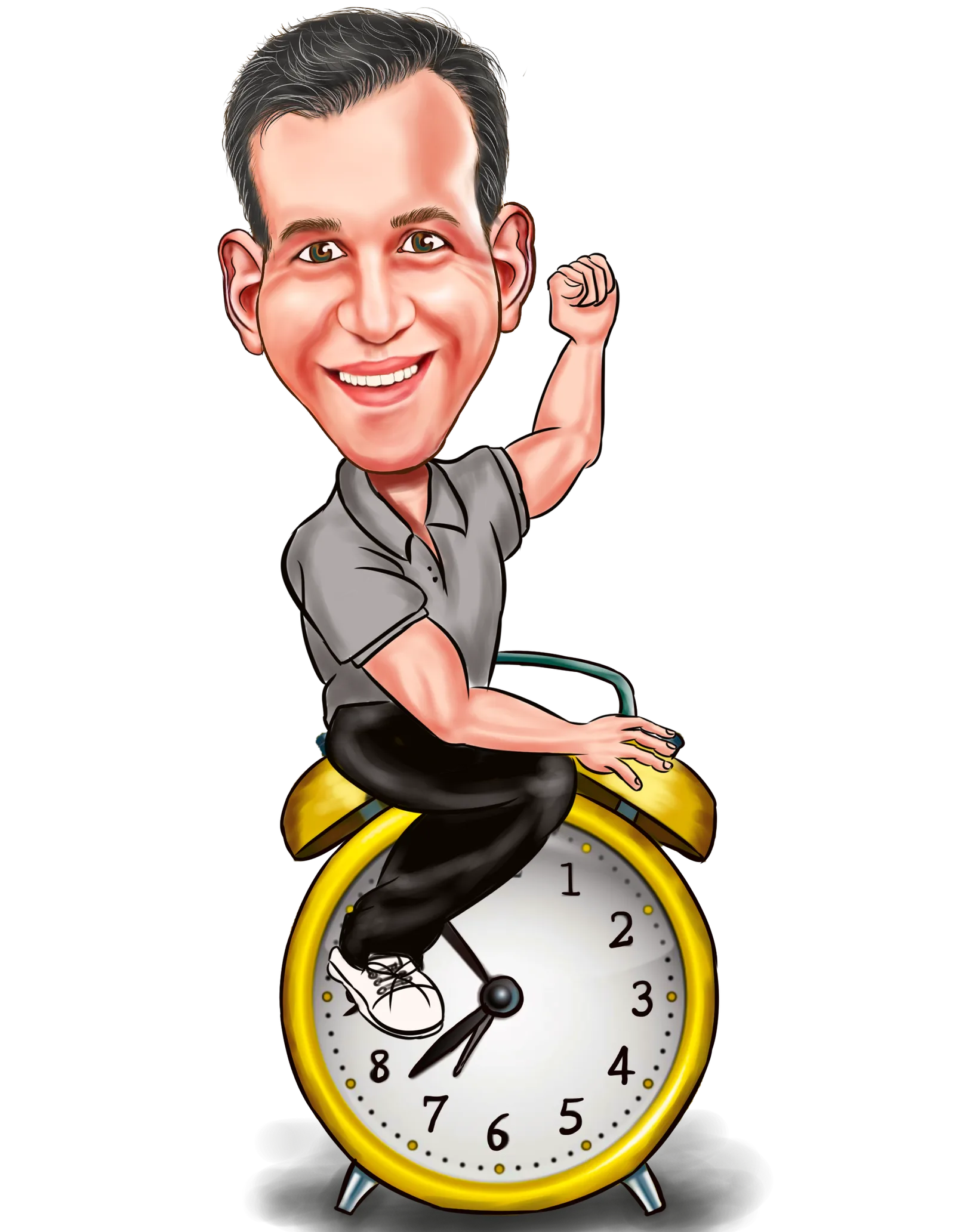 ProHub – Notion-Planer mit Kurs von Thomas Mangold 1 Cartoon-Illustration eines lächelnden Mannes in grauem Poloshirt, der triumphierend auf einer großen gelben Wecker sitzt