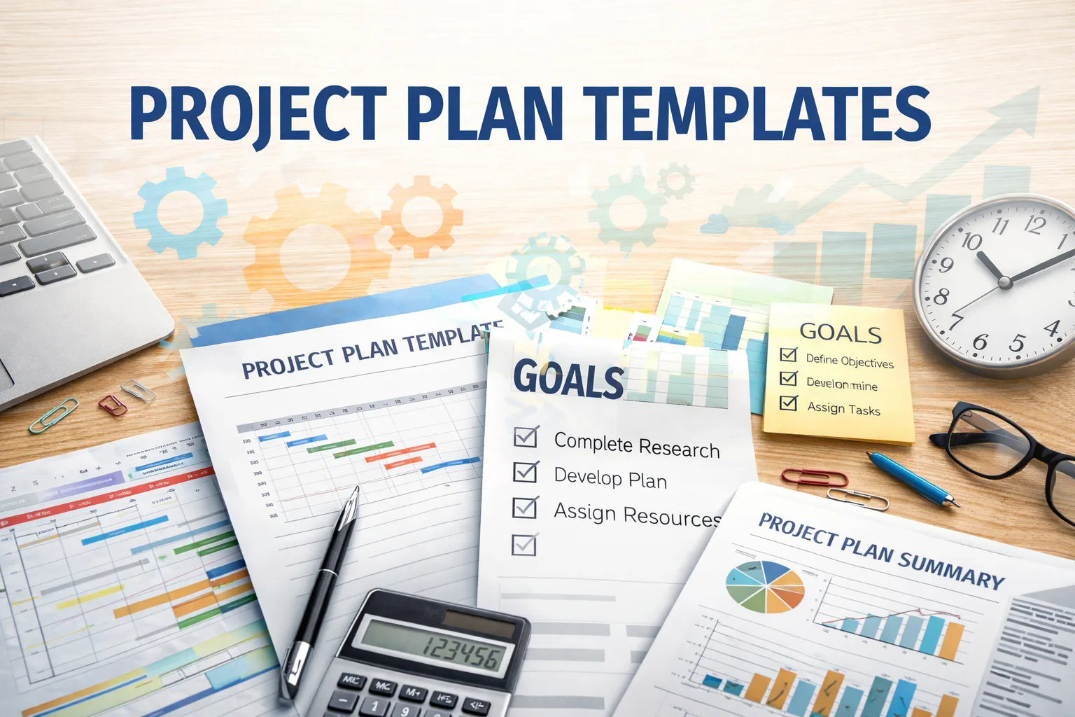 Project Plan Templates Schreibtischszenario mit Gantt-Charts, Checklisten und Diagrammen auf Holztisch
