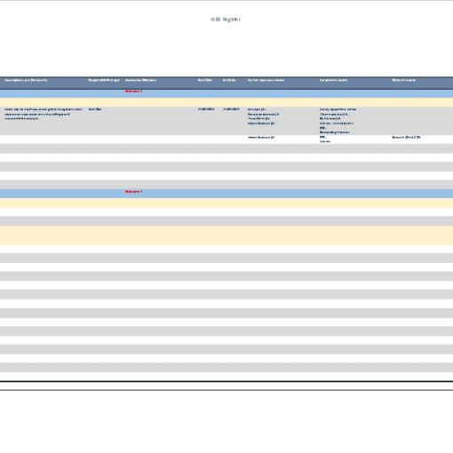 WBS Work Breakdown Structure Template mit Tabelle, farbigen Zeilen und Spalten für Projektaufgaben