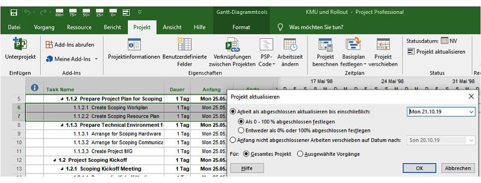 Microsoft Project Screenshot mit Gantt-Diagrammtools und Projektplanungstabelle für Scoping-Phase