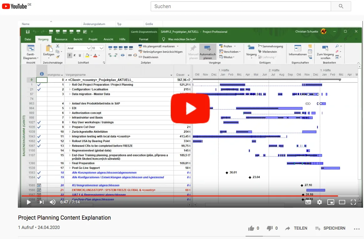 YouTube-Videostandbild mit MS Project Gantt-Diagramm und Play-Button für Projektplanungs-Erklärung