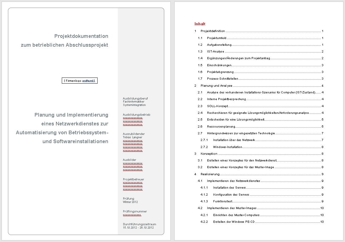 Dokumentations-Cover und Inhaltsverzeichnis mit Projektdetails und Kapitelübersicht