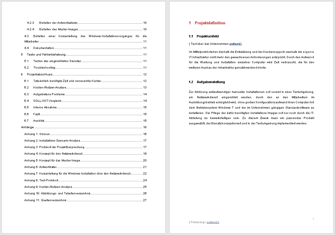 Dokumentations-Seite mit Inhaltsverzeichnis-Fortsetzung und Projektdefinitions-Abschnitt