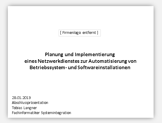 Präsentations-Titelfolie mit Projekttitel, Datum und Autor